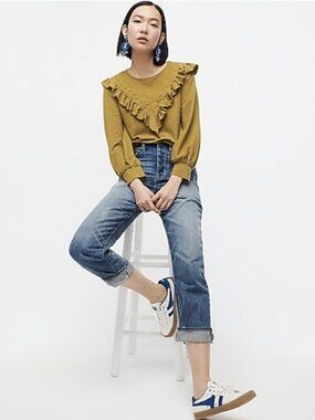 J. Crew Ruffle-Trim Honeycomb-Knit Cotton Top Cypress Olive XS #A3085